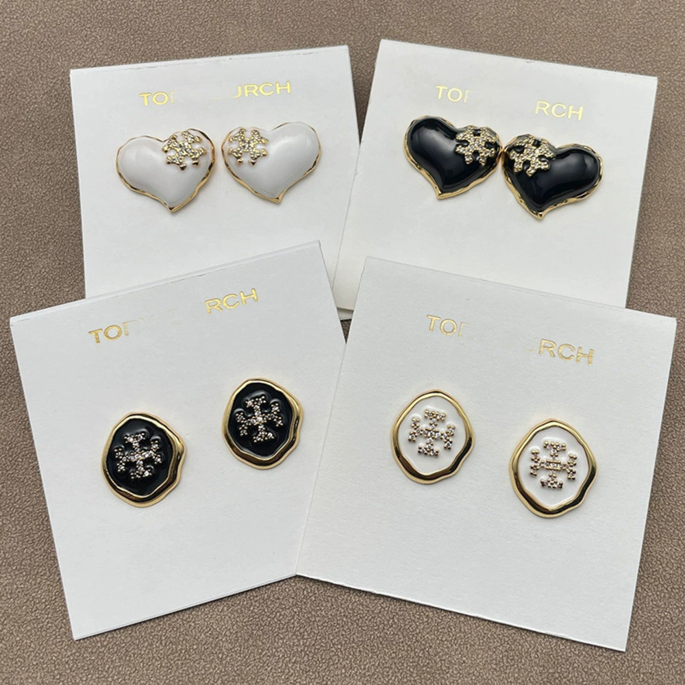 Tory Burch Double Heart Enamel Gold Plated Crystal Logo Stud Earrings
